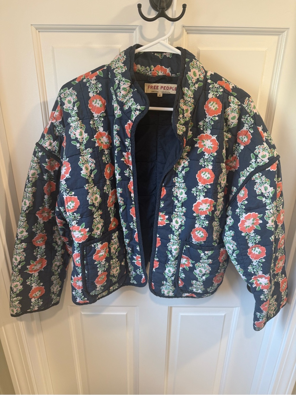 Free People Navy Floral Quilted Jacket with Coral & Green Print